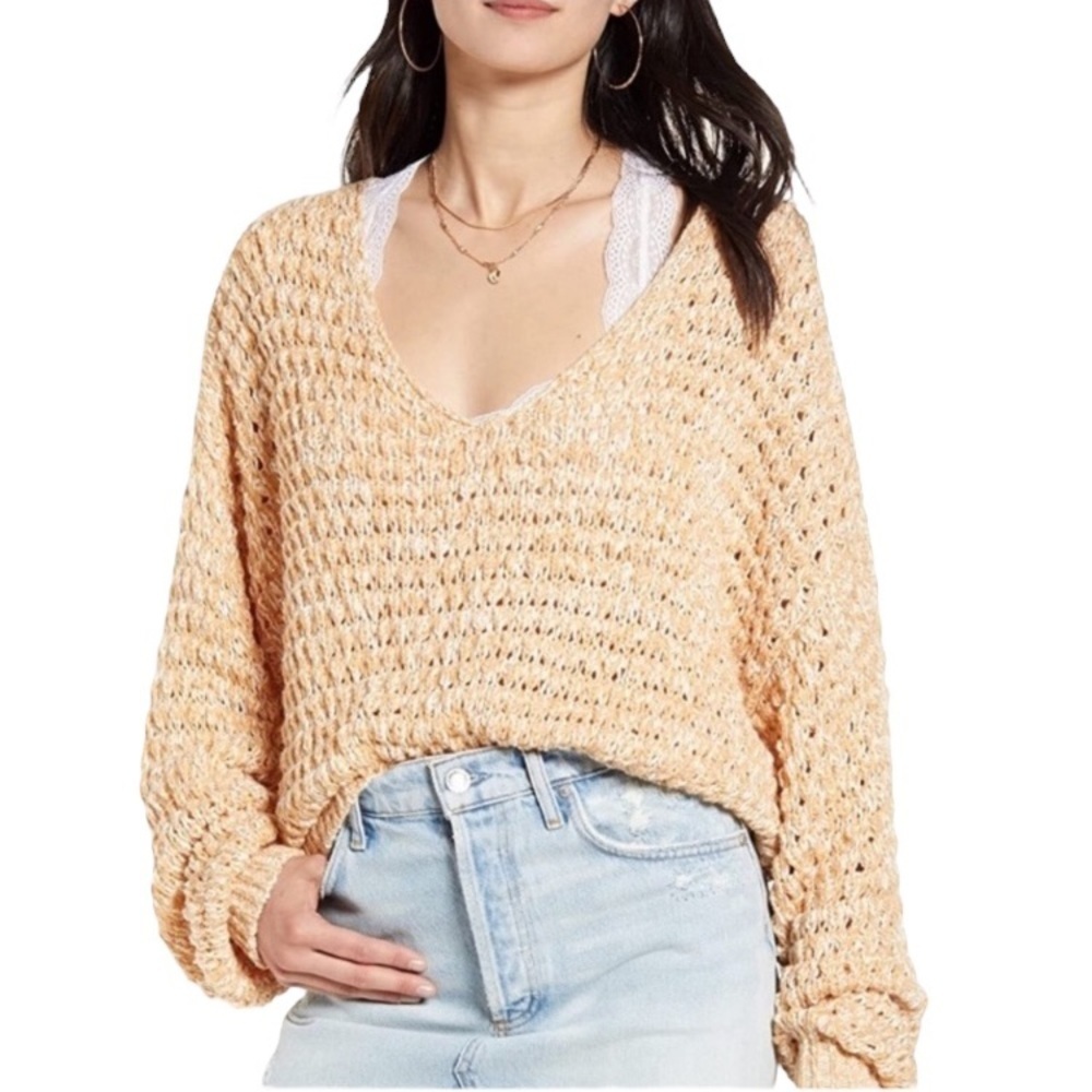 Free People Coconut V-Neck Oversized Cotton Blend Knit Pullover Yellow